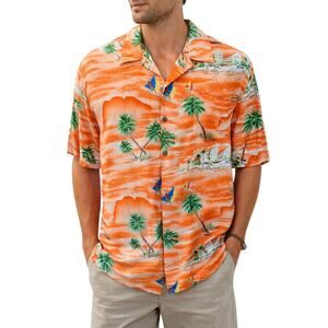Vintage Ocean Current Hawaiian Shirt Men’s Large Orange Palm Tree Beach Surf